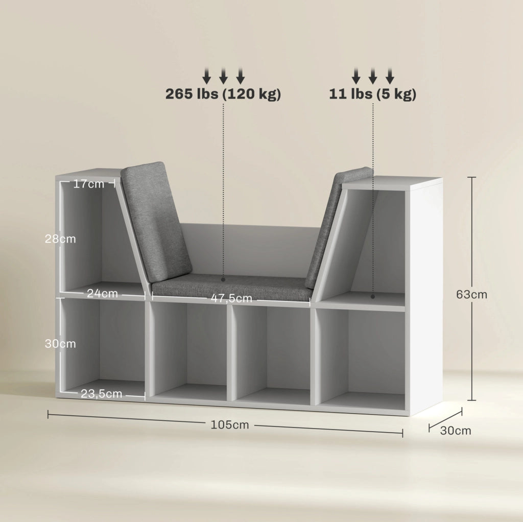 Libreria con seduta imbottita e 6 vani, bianca, 105x30x63 cm