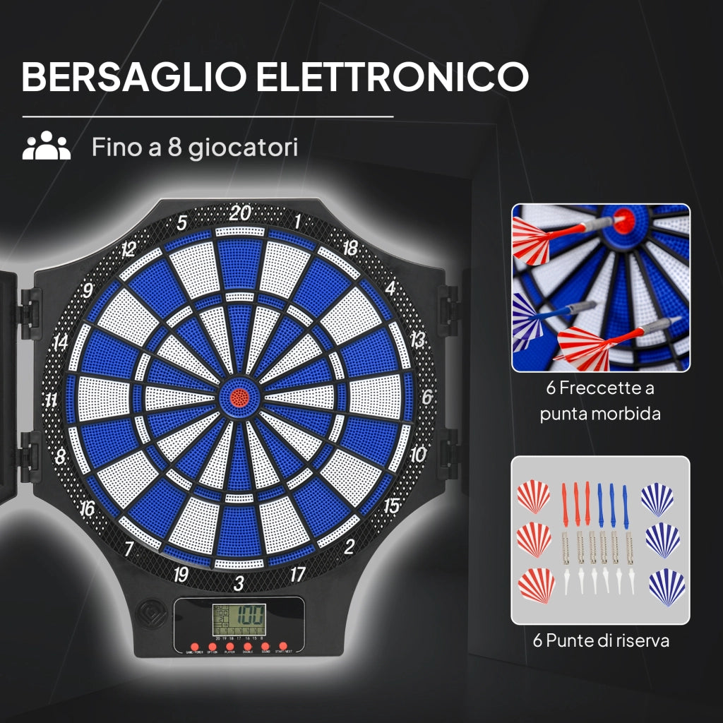 Bersaglio Freccette Elettronico con 6 Freccette e Monitor LCD per 31 Giochi. 83x45x4 cm. Nero e Blu