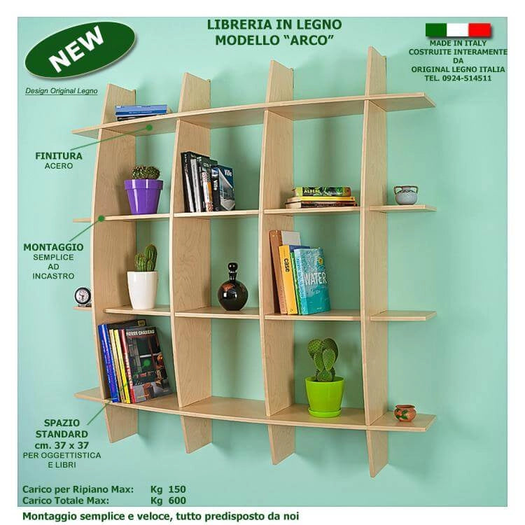 LIBRERIA MENSOLA SCAFFALE IN LEGNO MODELLO ARCO CON 4 RIPIANI FINITURA ACERO L.150  x P.30 x H.150 MADE IN ITALY ORIGINAL LEGNO ITALIA