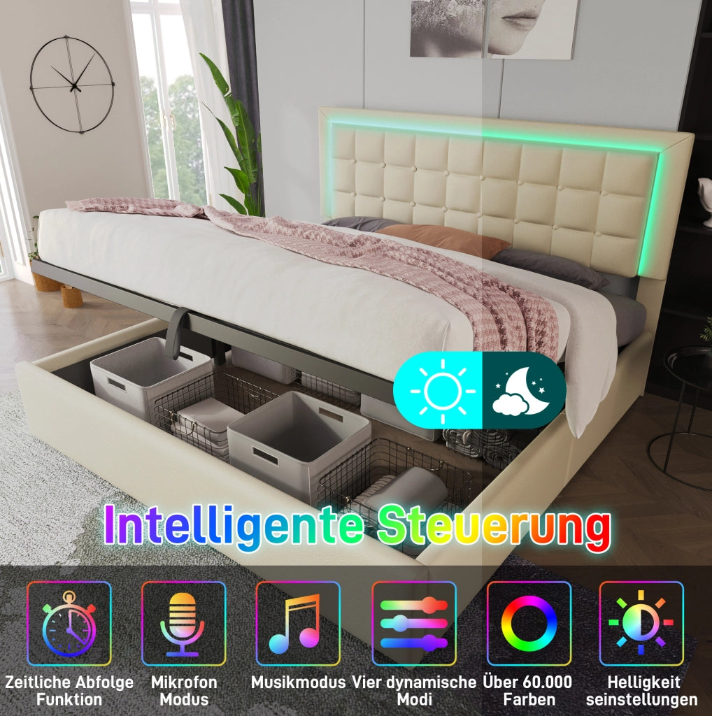 Letto contenitore 140x200 cm bianco con LED e materasso