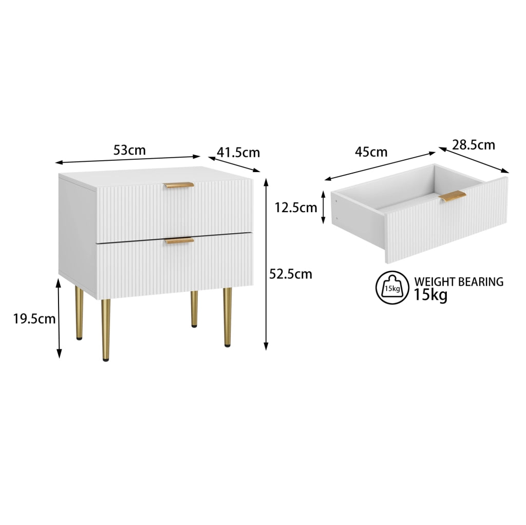 Comodino bianco con 2 cassetti e gambe in metallo
