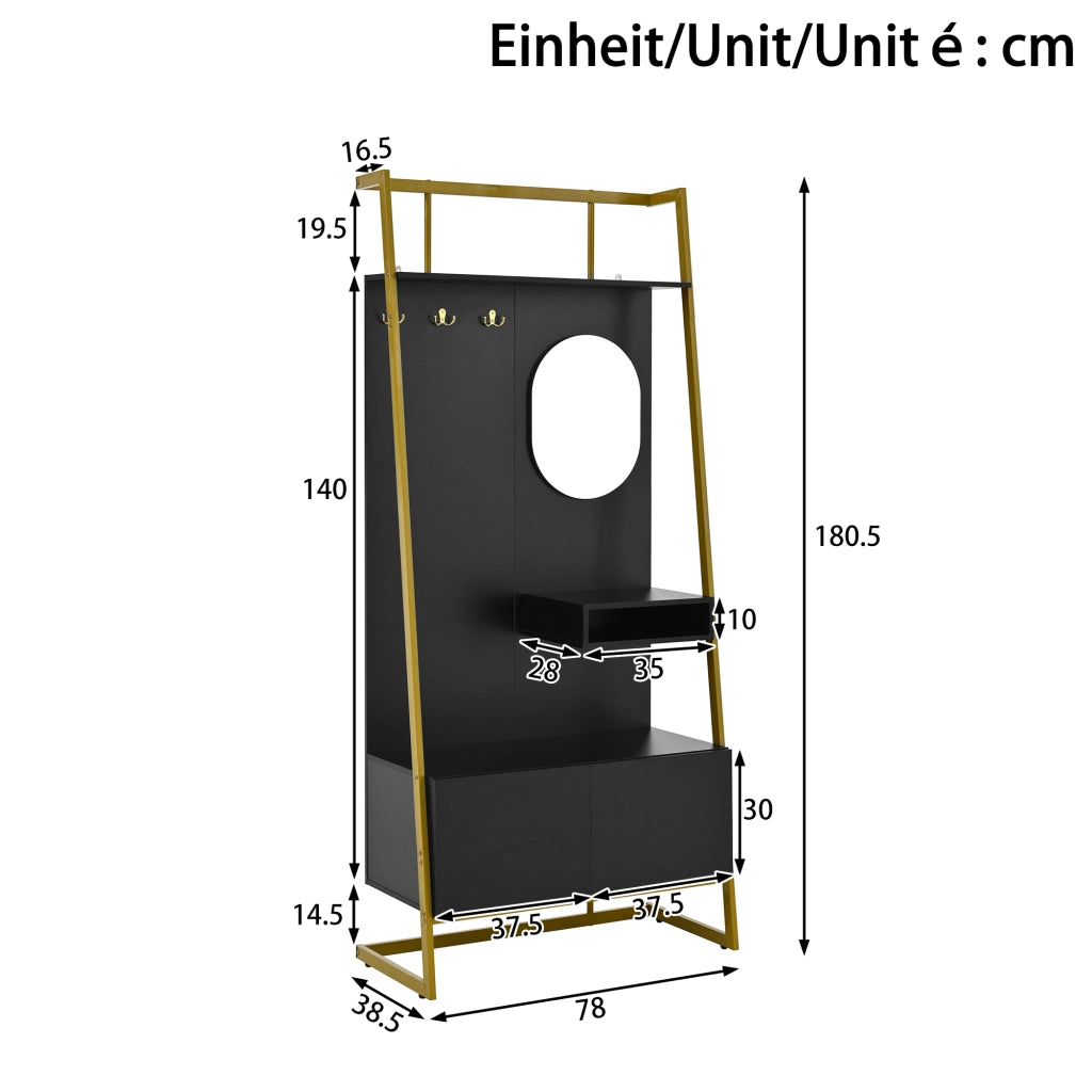 Mobile Ingresso con 2 Ante; Specchio; Ripiani e Ganci in Metallo; Stile Moderno; in MDF; 78??38;5??180;5 cm; Nero