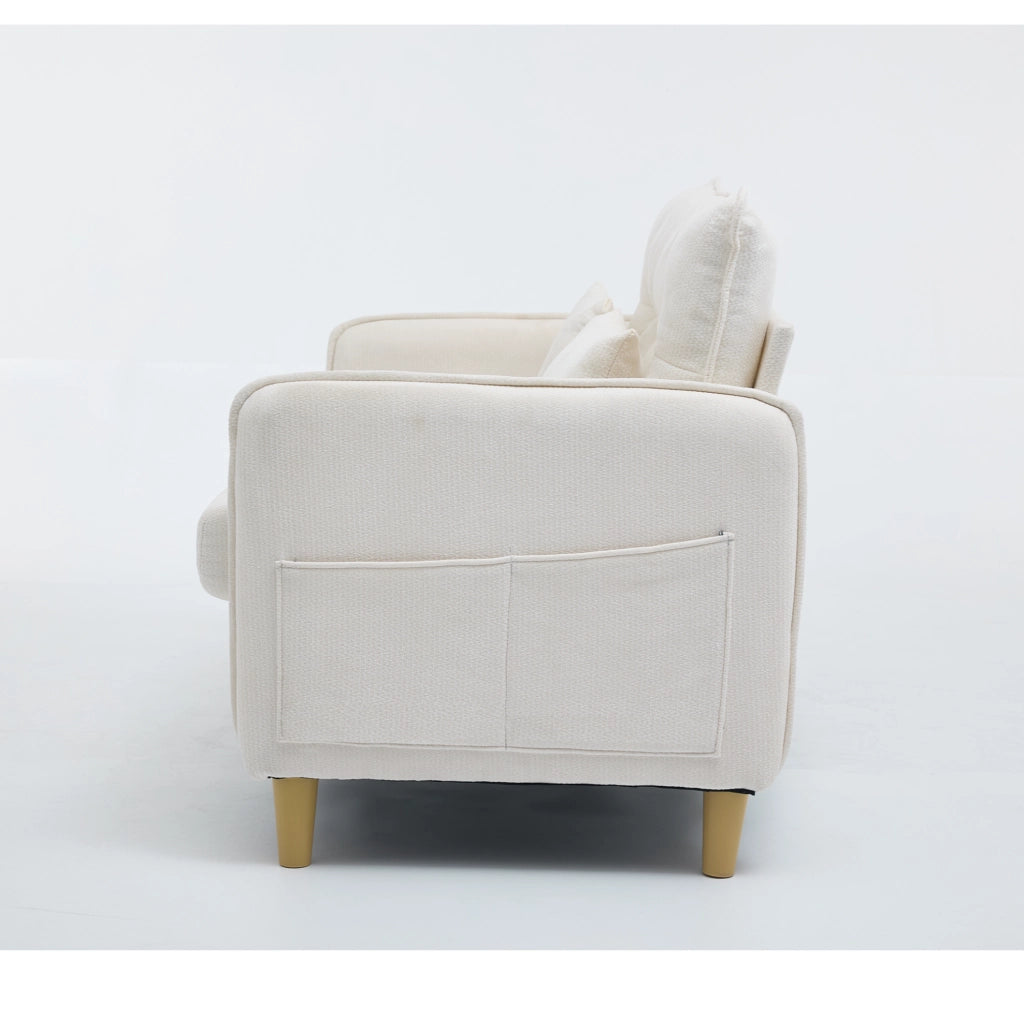 Divano 2 posti in tessuto chenille beige 127x75,5x83 cm con braccioli, tasche laterali e cuscini
