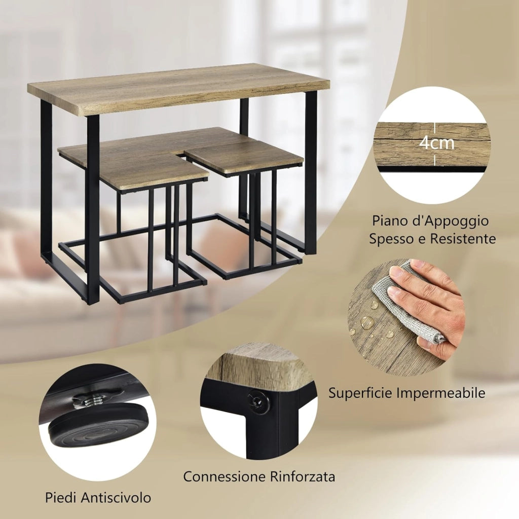 Set di Tavolo da Pranzo da 4 Pezzi, Tavolo da Cucina con Panca e 2 Sgabelli, Set di Mobili Salvaspazio con Struttura in Metallo per Cucina, Sala da Pranzo e Ristorante