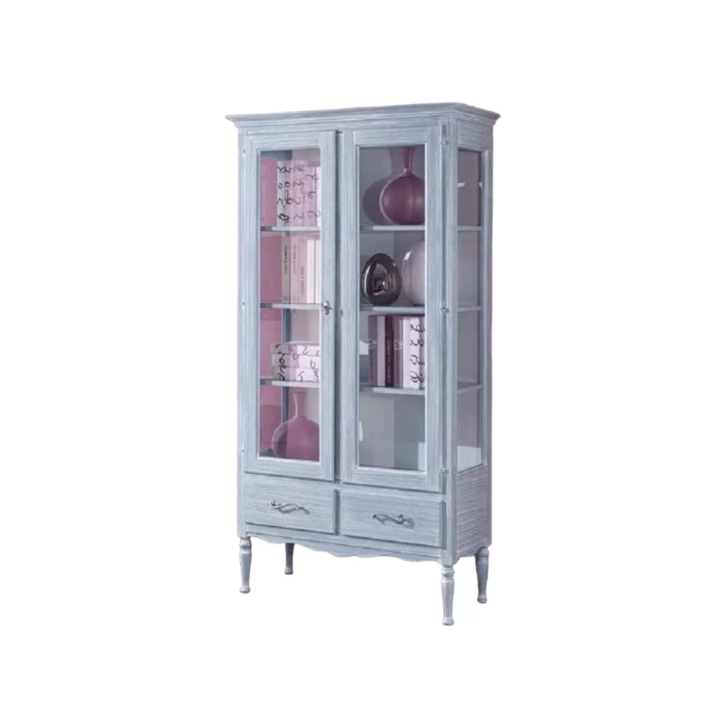 Vetrina 2 porte 2 cassetti in legno shabby azzurro l.102 p.42 h.191 - Mobili 2G