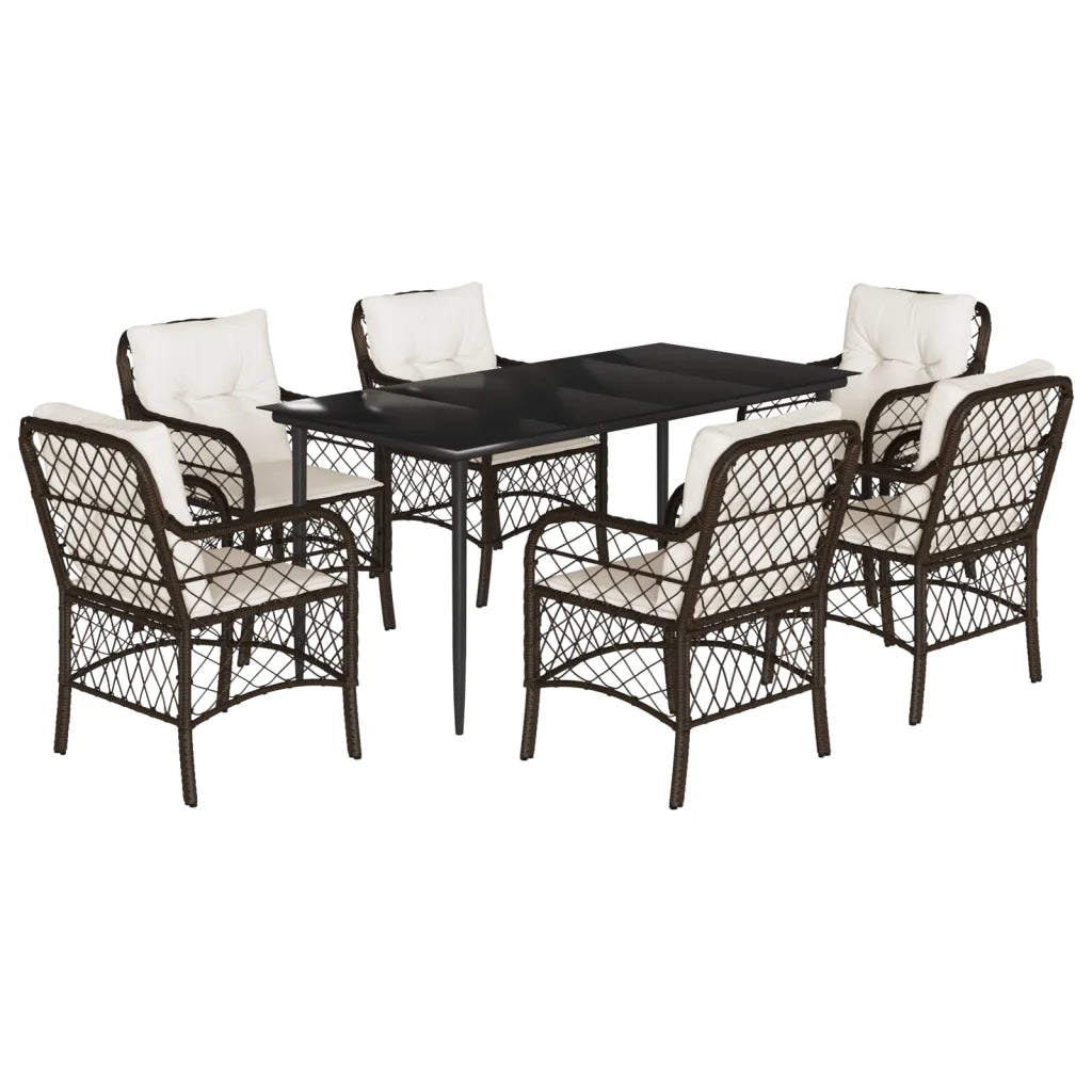 Set da Pranzo da Giardino 7pz con Cuscini in Polyrattan Marrone