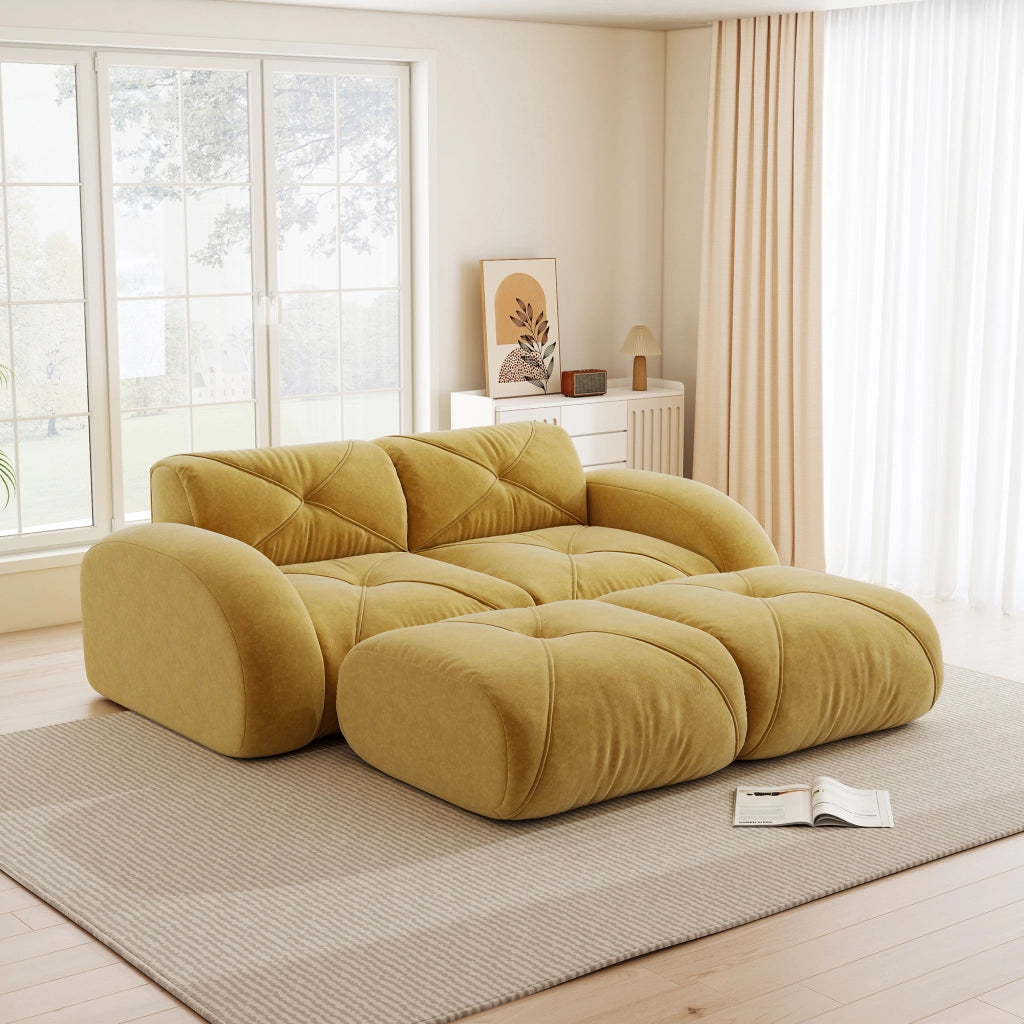 Divano modulare a 2 posti con pouf e comfort in chenille senza telaio giallo 204 × 171 × 76 cm