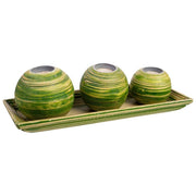 Set vassoio e 3 portacandele in legno di bambù verde 33x13x3h cm