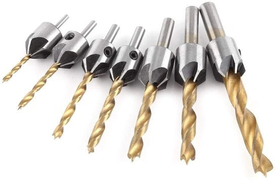 Set di Forbici a Spinta per Legno 7 Frazioni - Attrezzo per Trapano - Trapano a Spinta - Acciaio al Carbonio - Chiave a Sei Denti - Diametro 3-10 mm - Set di Trapani