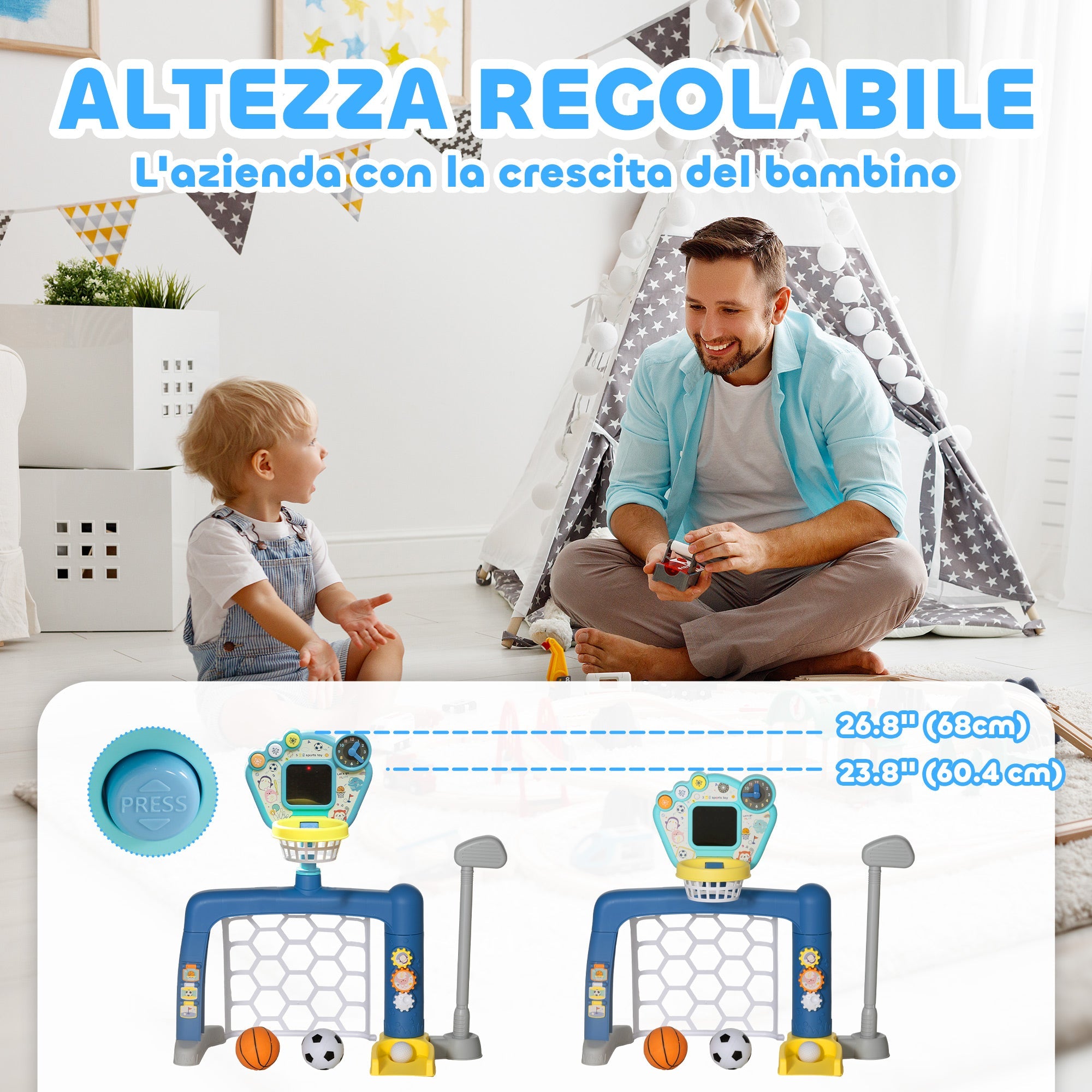 Rete da Calcio Canestro Basket Set Golf Gioco per Bambini Altezza Regolabile 60,4-68 cm