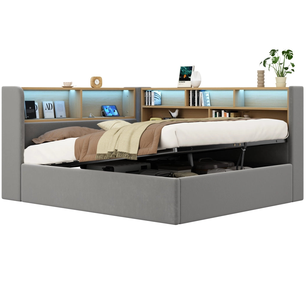 Letto imbottito grigio in velluto con contenitore, LED e USB-C