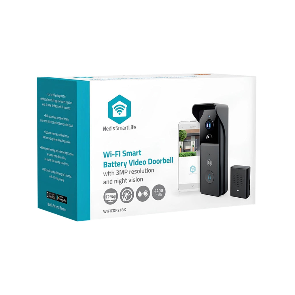 Videocitofono Wi-Fi 3MP Full HD 1296p IPX44 con Campanello USB 4400mAh Nero Nedis