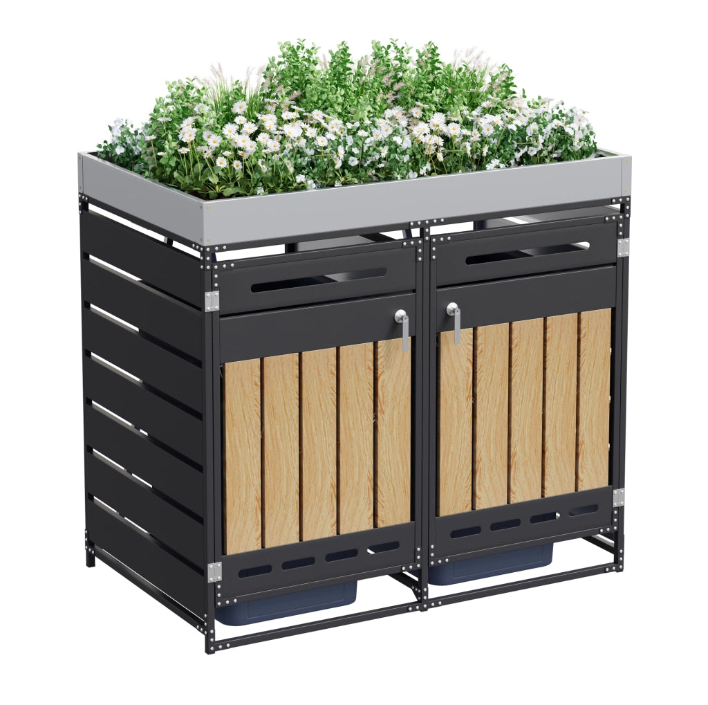 Box portapattumiere da esterno doppia in ferro nero con fioriera e serrature; 131x79x120 cm