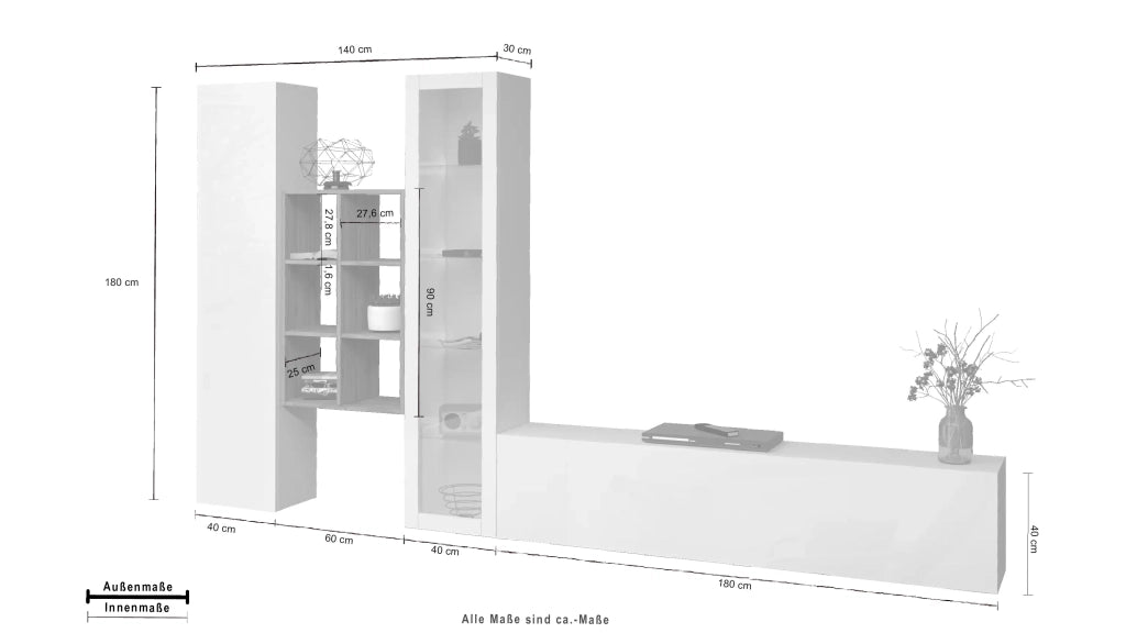 Parete attrezzata soggiorno mobile TV vetrina bianca libreria legno Rold WH