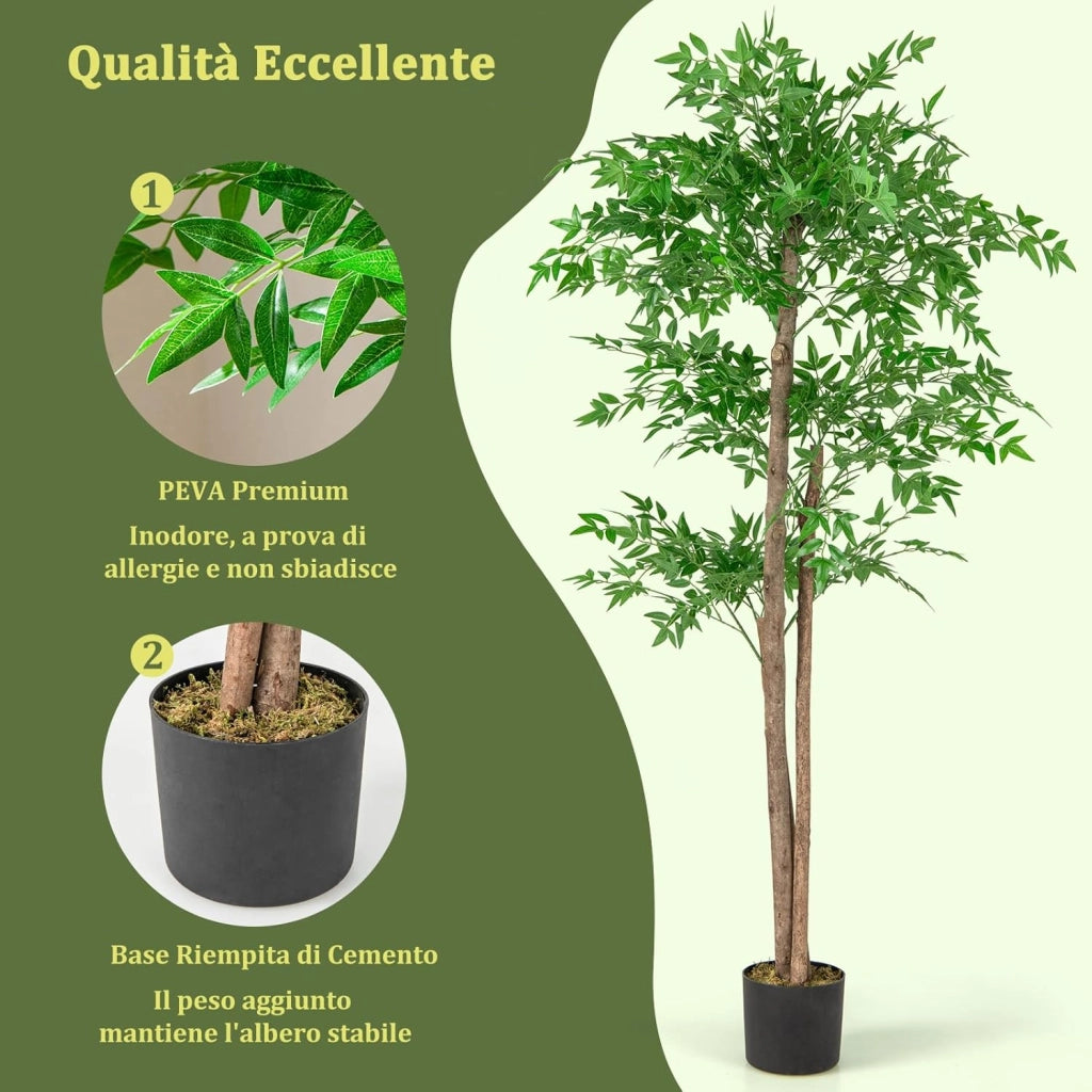 Albero di Bamboo Artificiale 150 CM, Pianta di Bamboo Finta con 1020 Foglie, Tronco in Legno Naturale, Muschio Secco Realistico, Albero Finto Alto da Interno per Casa, Ufficio e Soggiorno