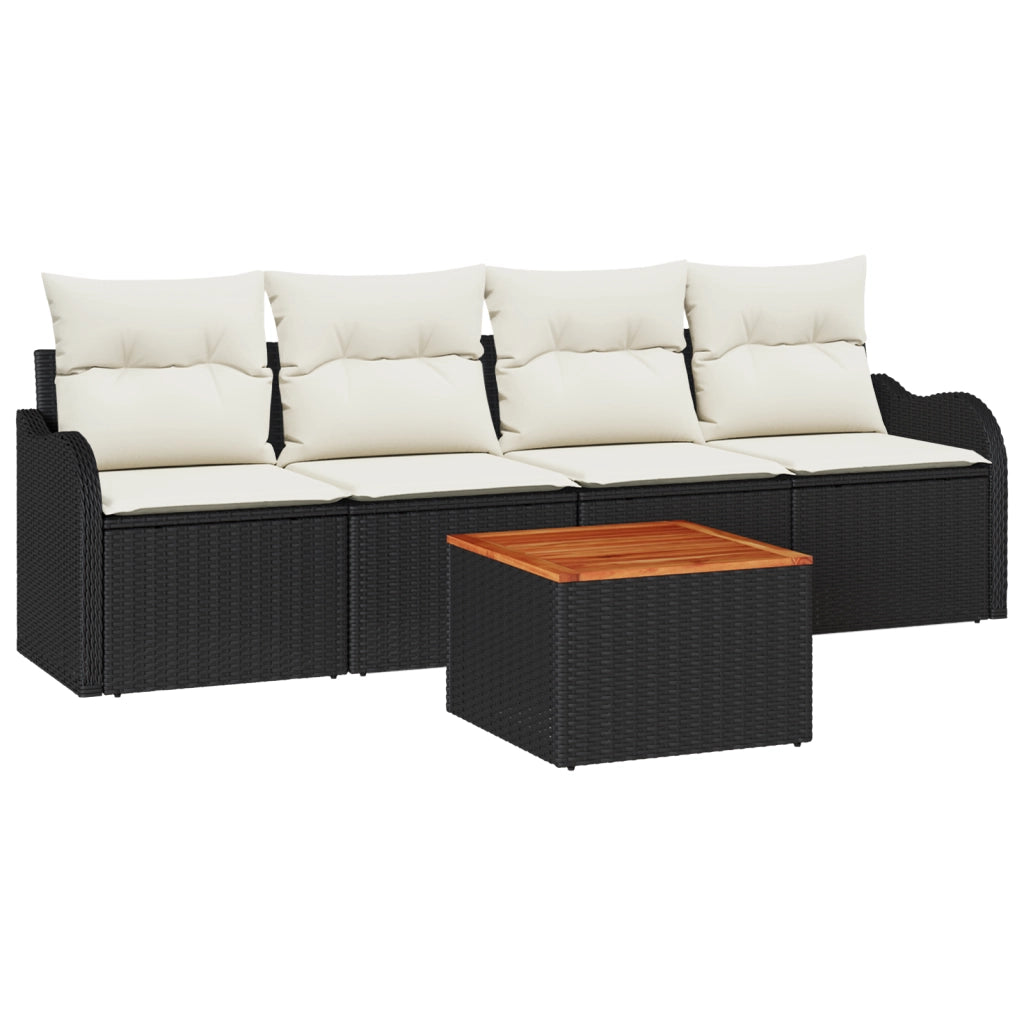 Set Divano da Giardino  5 Pezzi con Cuscini Rattan Polimerico Nero Acacia
