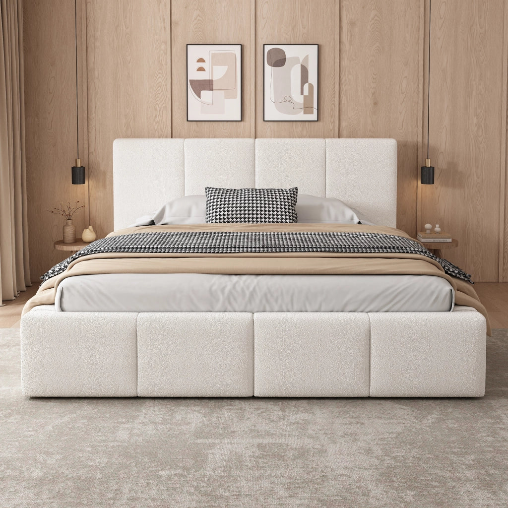 Letto Matrimoniale 180x200 cm; 2 Posti - Testiera Imbottita; Struttura Incassata in Bouclé Beige