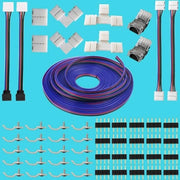 Kit di connettori per LED a RGB: 2 x connettori a forma di T&L, 4 x ponti di collegamento, 2 x connettori senza contatti, 20 x clip per LED a strip, 20 x morsetti, 2 x connessioni a vite + cavo di estensione