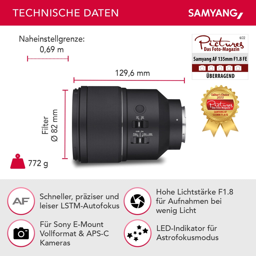 Teleobiettivo AF 135mm F1.8 FE compatibile con Sony E Autofocus pieno formato e APS-C Focale fissa veloce, alloggiamento in alluminio contro intemperie Per A9 A7 A1 Alpha 6000 A7C II A7C R