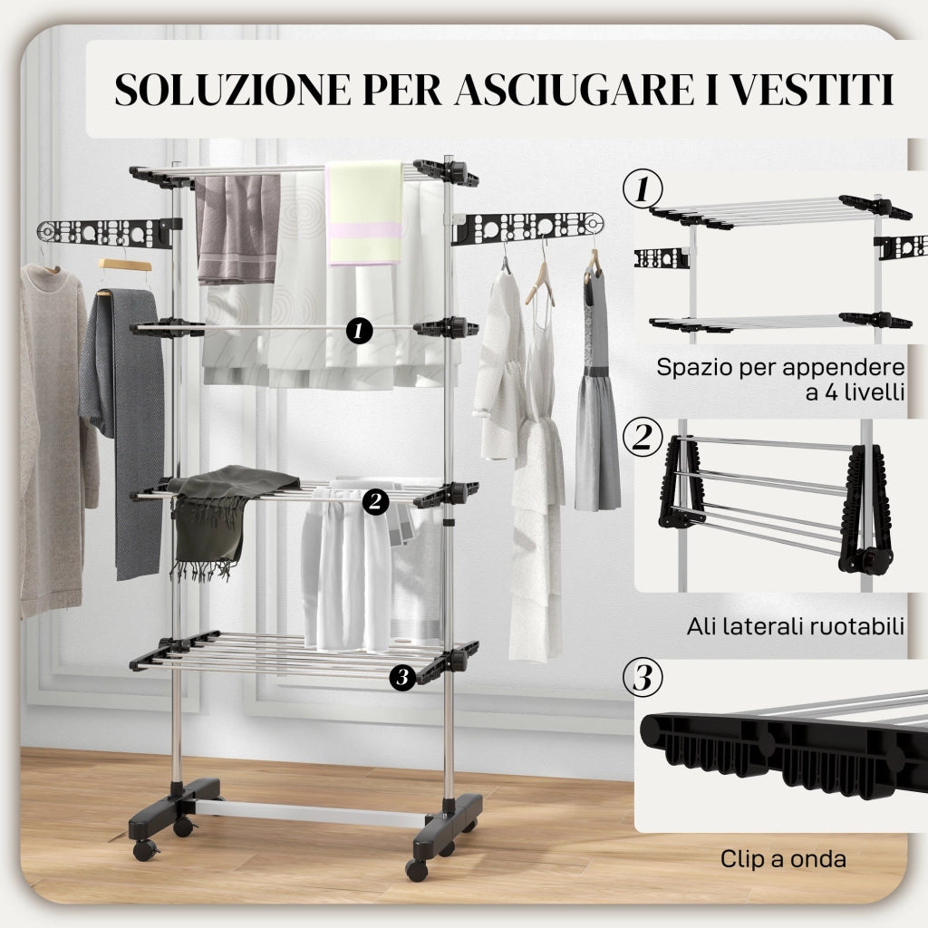 Stendino Verticale 4 Ripiani Regolabili 142x55x172 cm in Acciaio e Plastica Nero e Argento