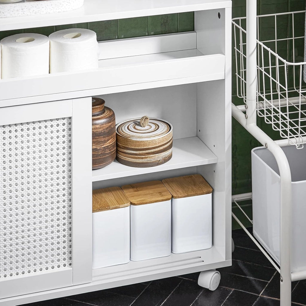 Armadio da Bagno Stretto con Ruote – Mobile Bagno salvaspazio – Contenitore per Carta Igienica in Legno, con Ripiani Regolabili, Bianco, 20x70x65cm, BZR119-W