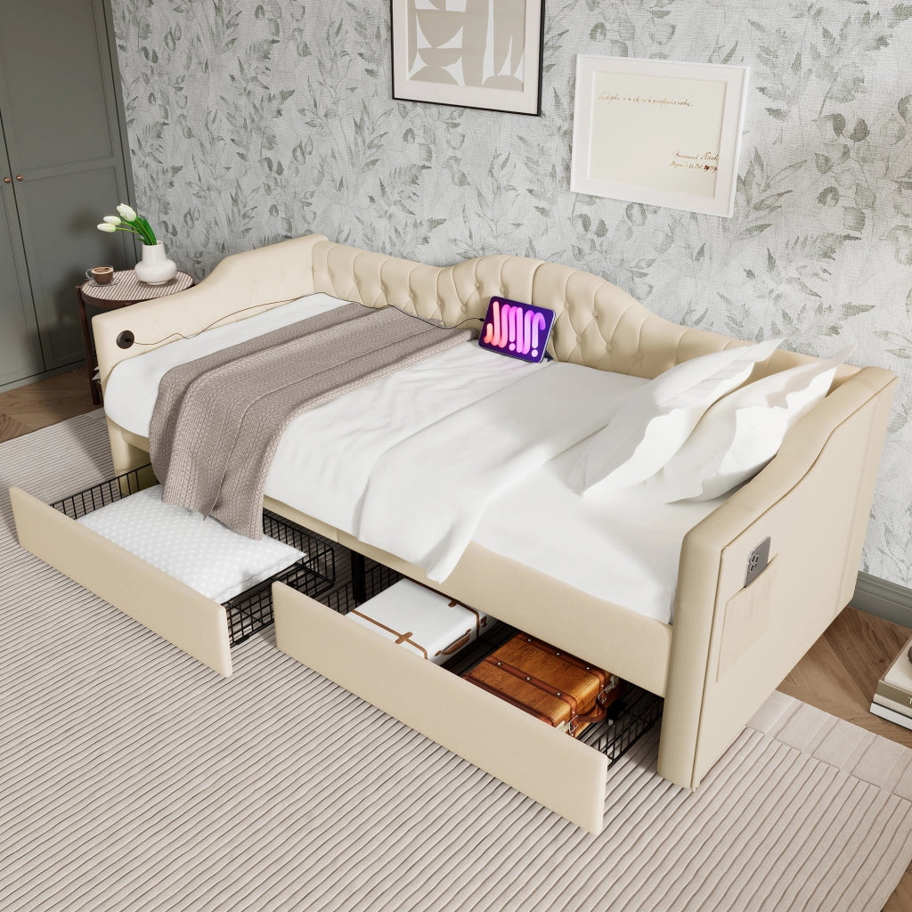 OKWISH Letto Banquette 90×200 cm, Letto Singolo con USB, Tipo C, 2 Cassetti e Tasche Laterali, senza Materasso, in Velluto, Beige