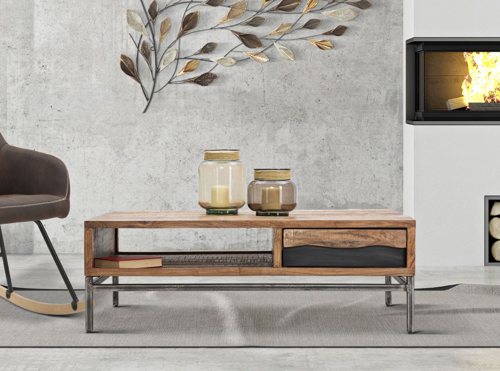 Tavolo da Caffè Yellowstone 118x70x40 cm in Legno di Acacia e Ferro Marrone e Nero