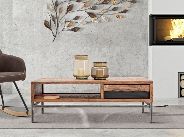 Tavolo da Caffè Yellowstone 118x70x40 cm in Legno di Acacia e Ferro Marrone e Nero