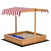 Sabbiera per Bambini in Legno con Tettuccio Regolabile, Sedute e Vaschette, 107.5x107.5x100 cm