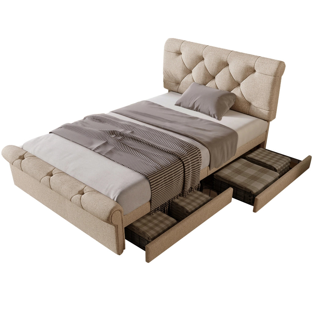 OKWISH Letto con Cassetti 90×200 cm, Letto Singolo con 2 Cassetti, Testiera Regolabile e Imbottitura, senza Materasso, Naturale