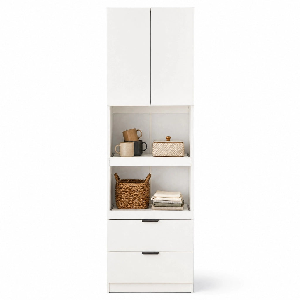 Armadio cucina multifunzione bianco con 1 anta, 2 ripiani aperti e 2 cassetti, 59,5 x 45 x 200 cm