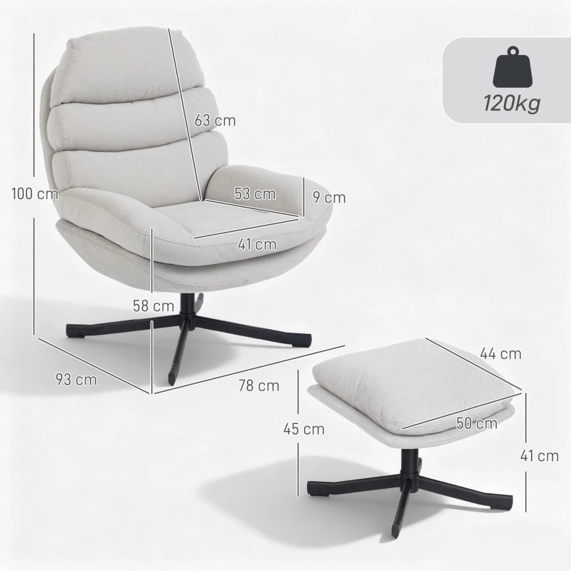 POLTRONA Girevole con Pouf 78x93x100 cm Poliestere Bianco crema