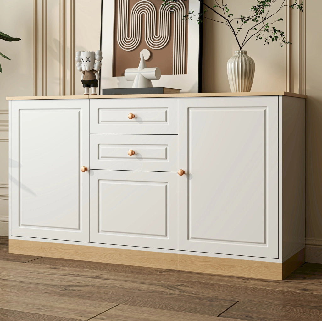 Credenza bianca effetto legno con ante e cassetti 135,5 cm