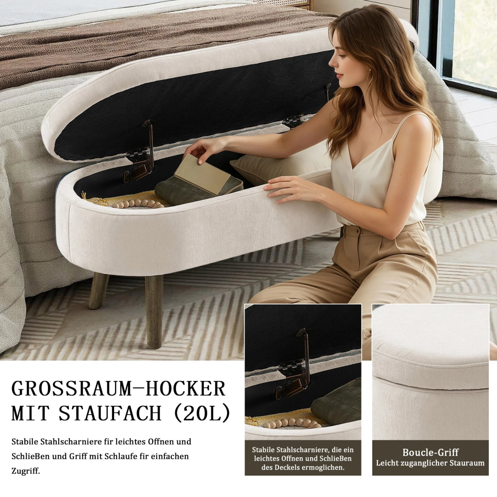 Panca contenitore in chenille beige con struttura in legno massello, 20L, 110x40x42 cm