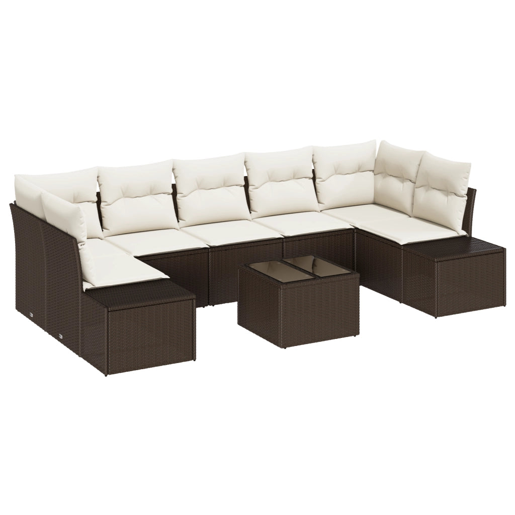 Set da giardino 8 pezzi con cuscini marrone in polyrattan