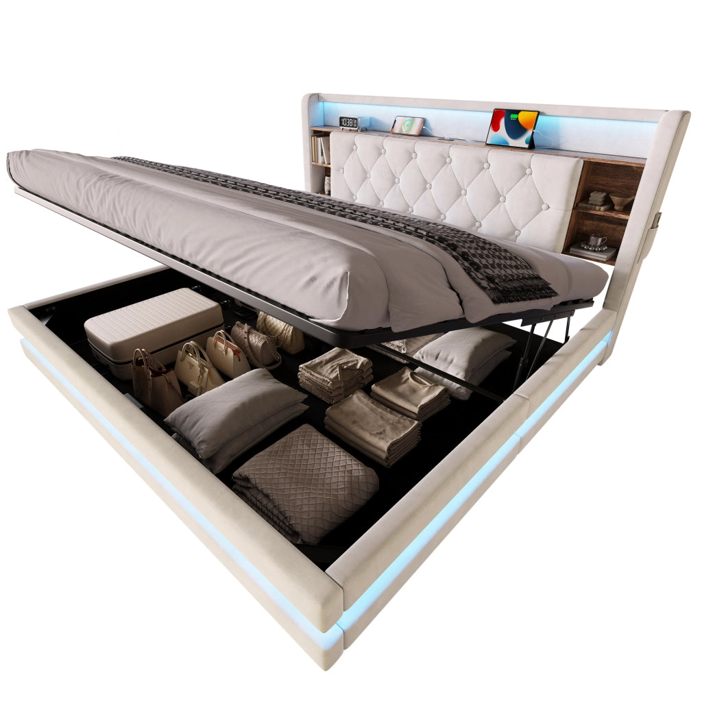 Letto contenitore imbottito 180x200 cm in velluto beige con testiera multifunzionale, LED, USB e tipo C