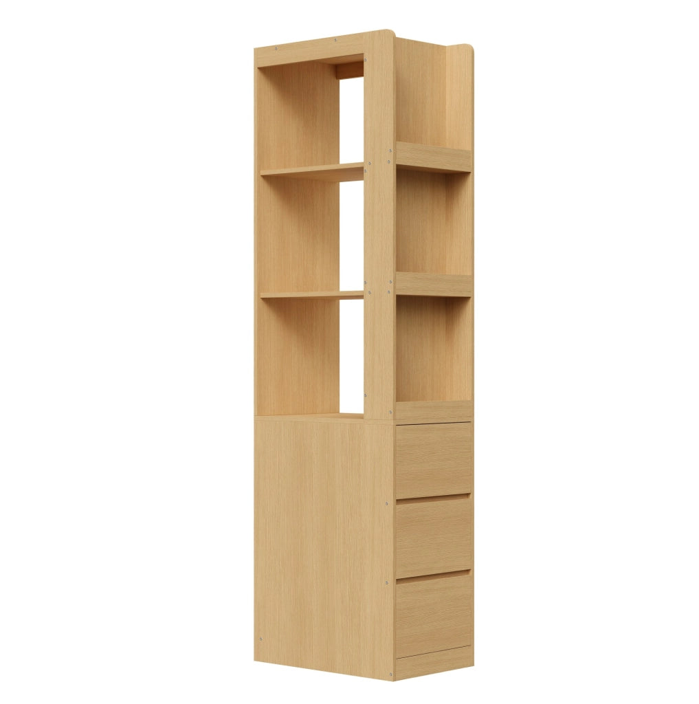 Libreria stretta alta 200 cm con 3 ripiani aperti e 3 cassetti; rovere