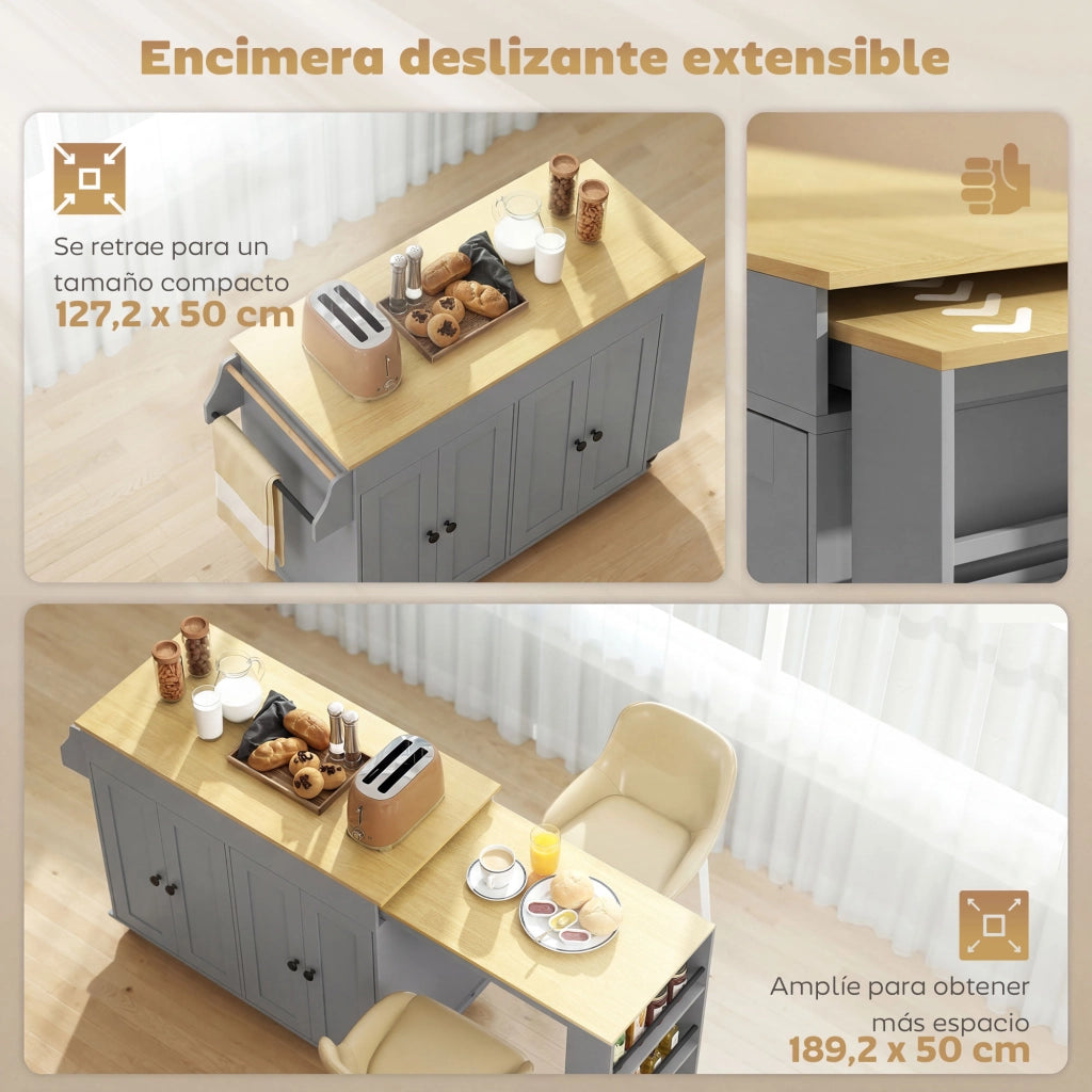 Carrello da Cucina con Ruote ¨C Xylo ¨C Piano Estensibile, 4 Ante, Ripiani Regolabili, Grigio
