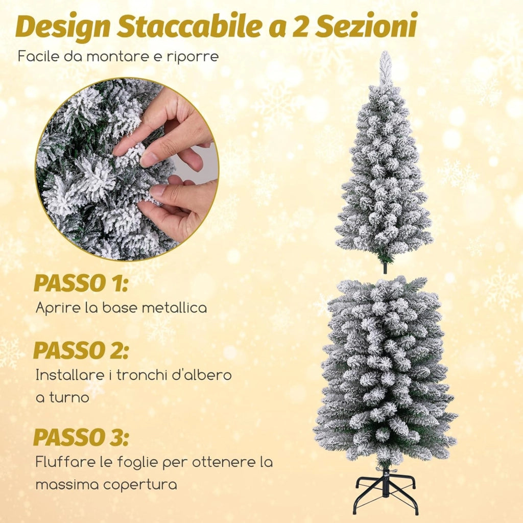Albero di Natale Slim 120/150/180 cm, Albero di Natale Artificiale Innevato con 240/328/460 Rami e Supporto Metallico Pieghevole, per Piccoli Spazi, Decorazione per Casa e Feste (150 cm)