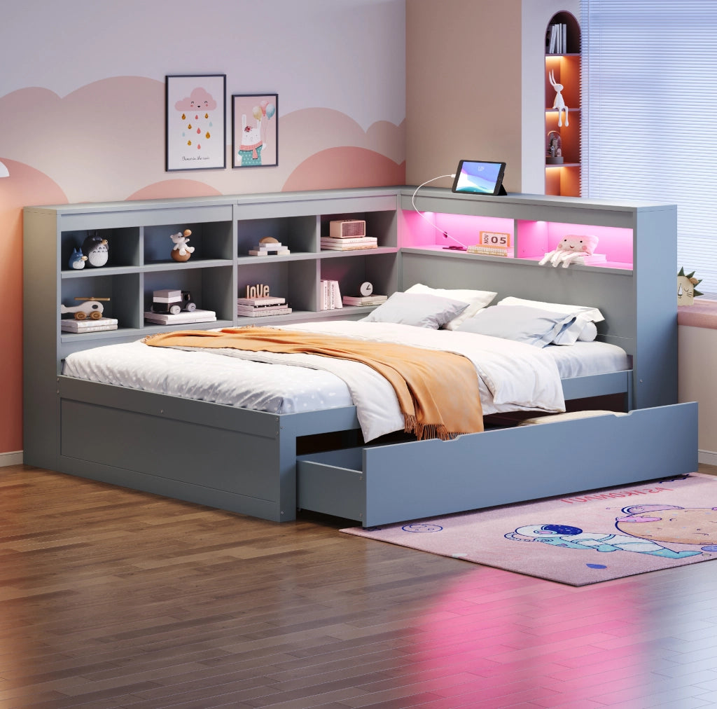 Letto matrimoniale multifunzione 140x200 cm in legno grigio con contenitori; USB e LED