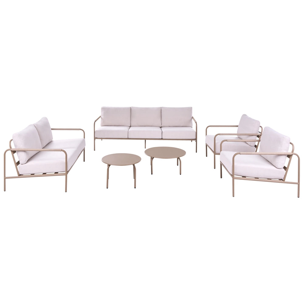 Set da giardino per 7 persone con struttura in acciaio, cuscini in tessuto idrorepellente, poltrone, divano e tavolino, beige
