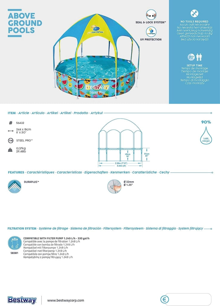 Bestway 56432 steel pro - piscina per bambini splash-in-shade con gazebo e doccetta, 244x51 cm