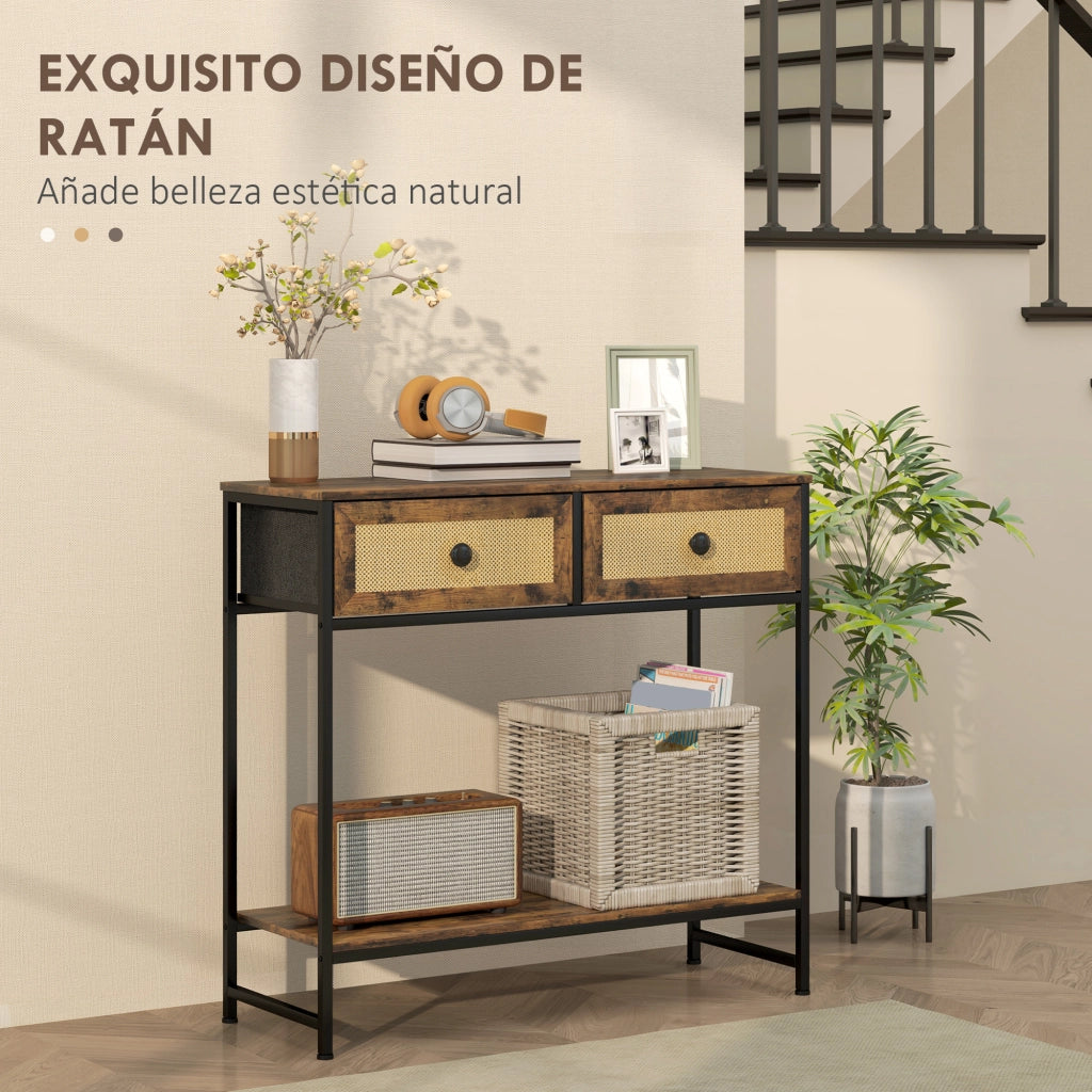 Consolle Ingresso con Ripiani e 2 Cassetti Rattan ¨C Xylo ¨C 80x30x75 cm Marrone