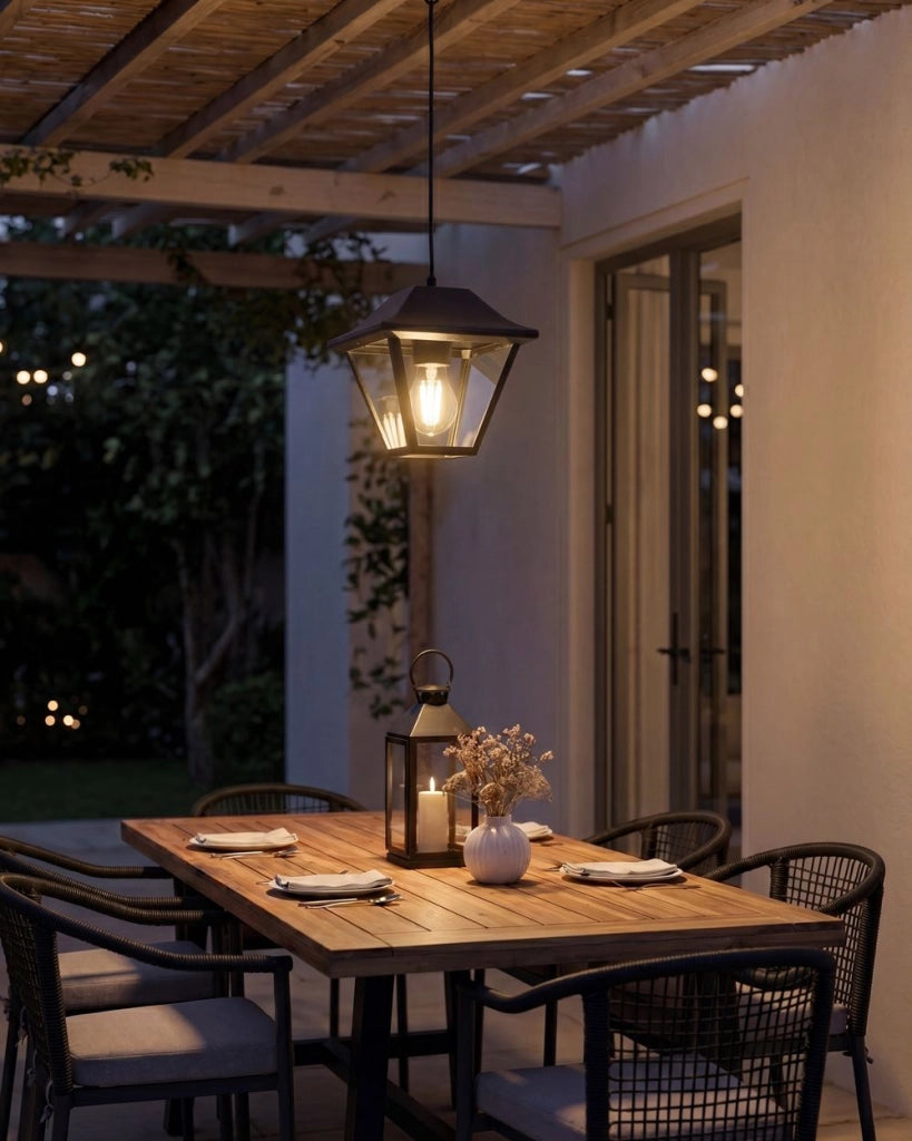Lampada a sospensione da esterno per l'illuminazione e la decorazione del giardino, struttura in alluminio opaco, paralume in vetro, nera