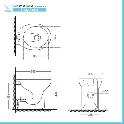 Wc filomuro bianco lucido con brida e scarico universale linea Cipro