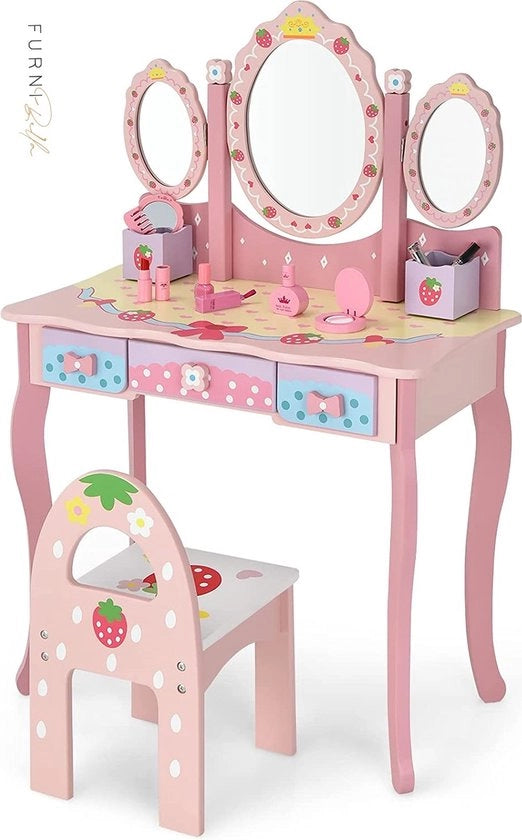 Cassettiera per bambini con specchio triplo, cassettiera e seggiolino per bambini con 3 ante, 2 cassetti, tavolo per bambine con sedile e sgabello.