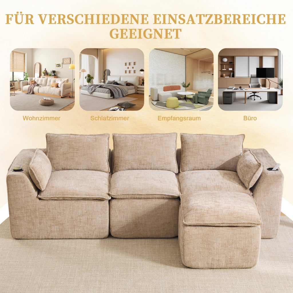 Divano modulare 3 posti con pouf; cuscini e tasche laterali; in chenille khaki