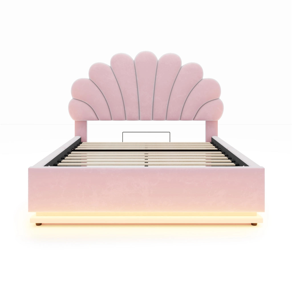 Letto contenitore matrimoniale 140×200 cm con testiera imbottita; LED e rete sollevabile; senza materasso; rosa