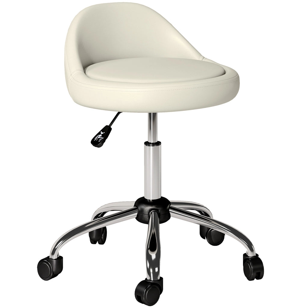 Sgabello da lavoro con ruote girevole 360° regolabile 53-73 cm con schienale rivestimento sintetico bianco per studio officina e casa