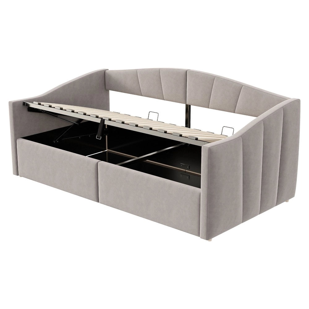 Letto Imbottito Singolo con Contenitore ¨C Xylo ¨C Velluto Grigio Chiaro, 90x200, Rete a Doghe